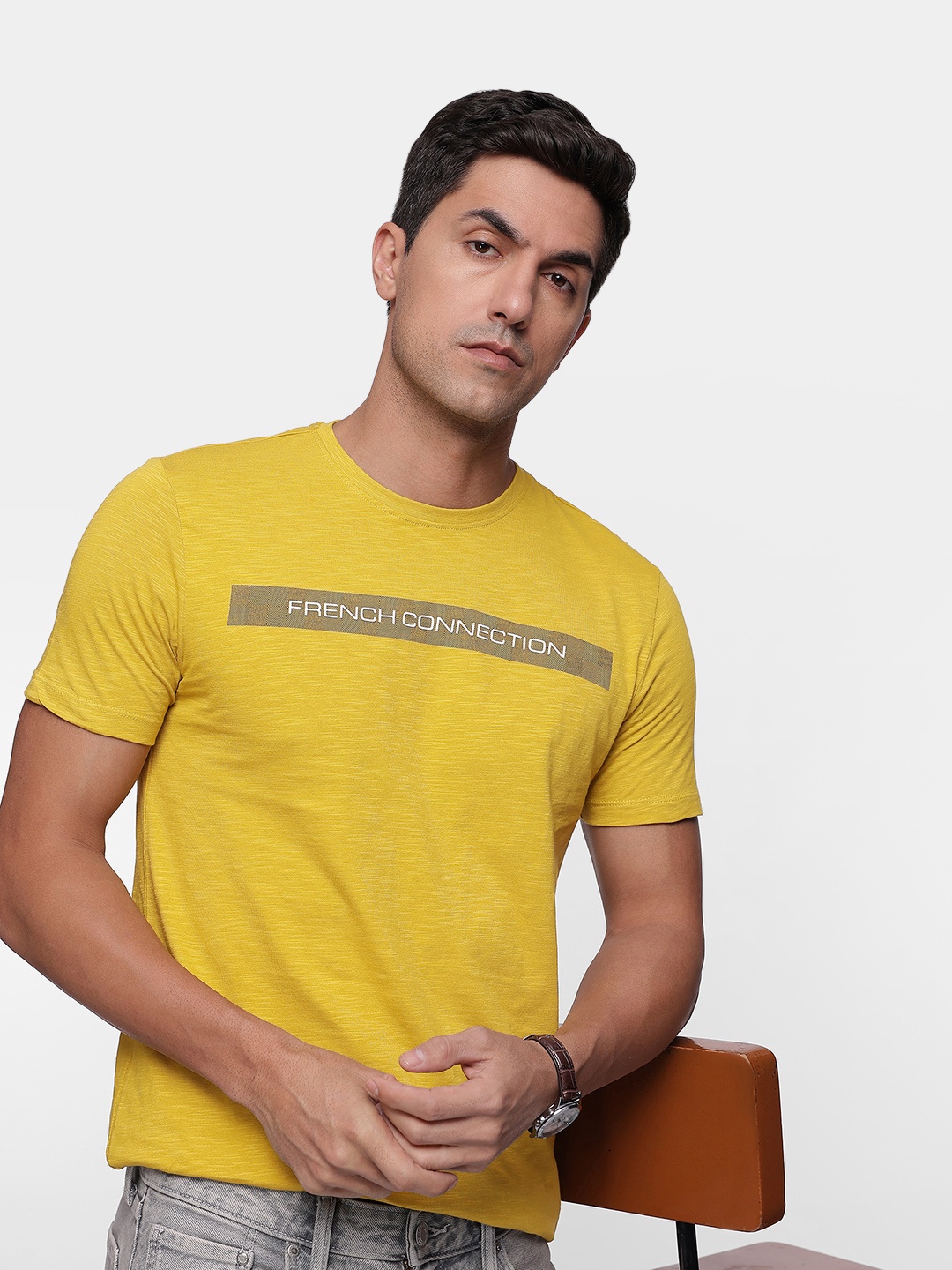 

French Connection Brand Logo Printed Pure Cotton T-shirt, Mustard