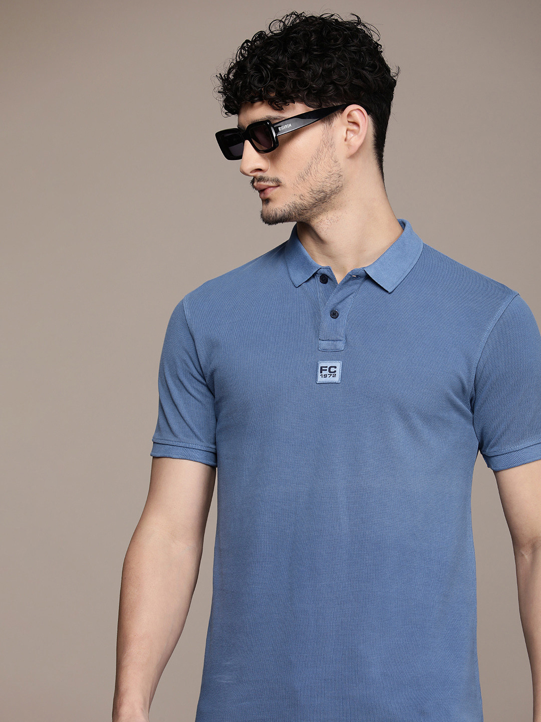 

French Connection Solid Polo Collar Pure Cotton T-shirt, Blue