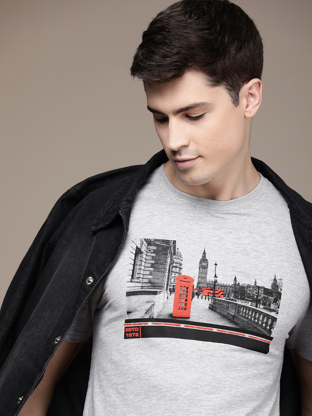 

French Connection Graphic Printed Round Neck T-shirt, Grey melange