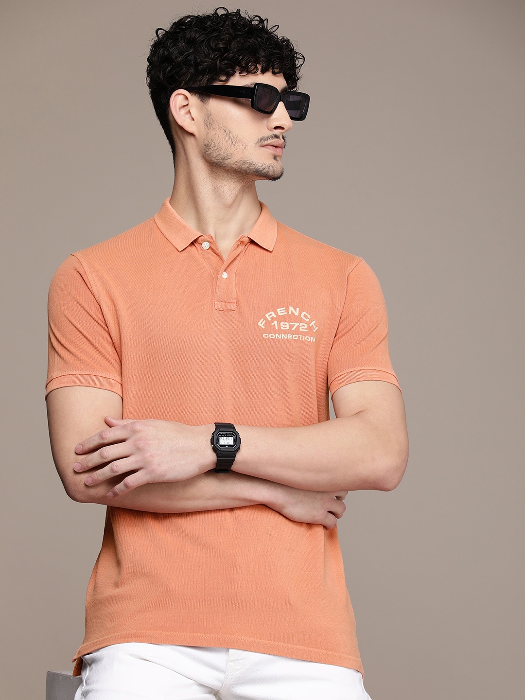 

French Connection Embroidered Polo Collar Pure Cotton T-shirt, Peach