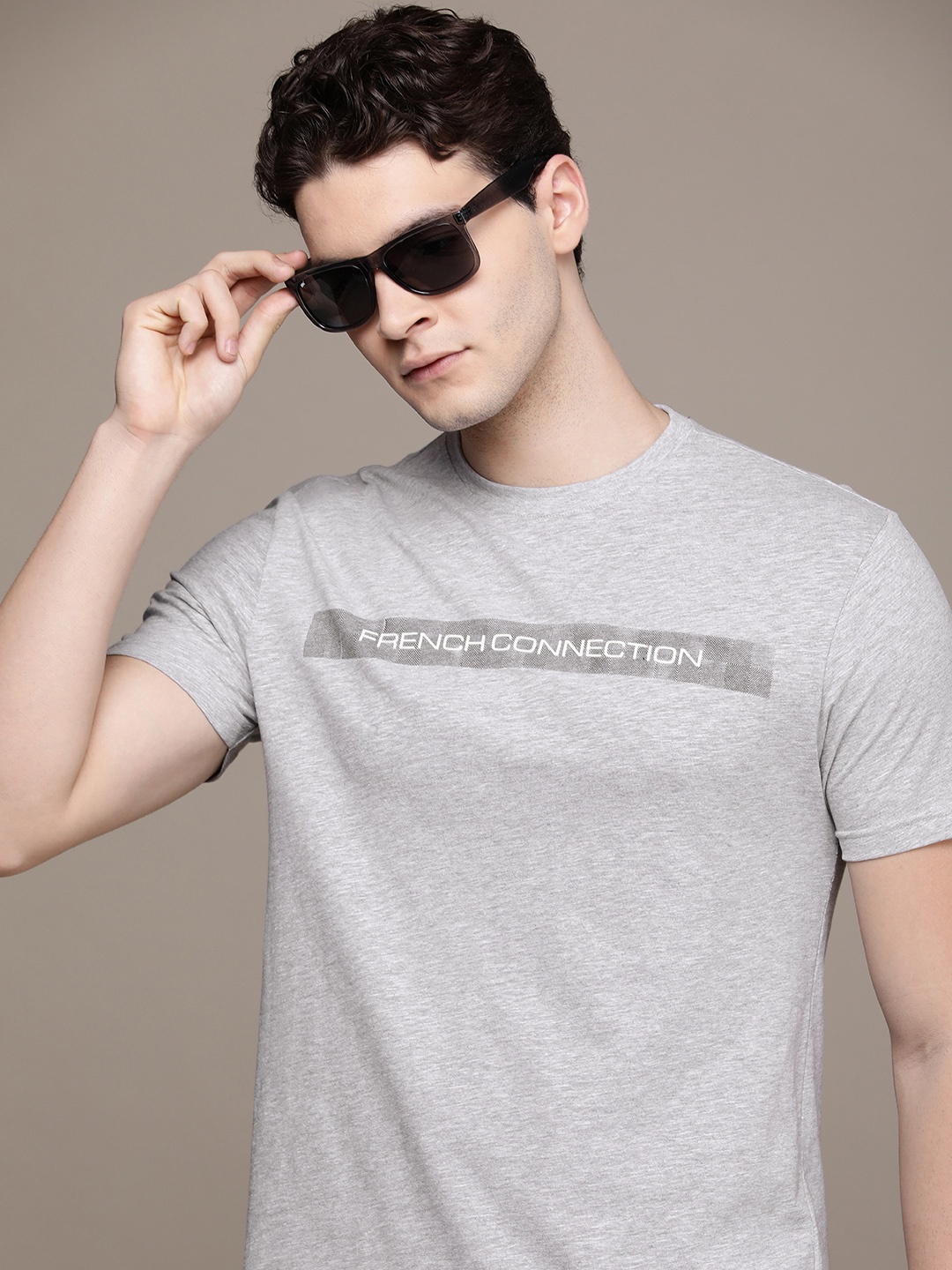 

French Connection Brand Logo Round Neck Printed T-shirt, Grey melange