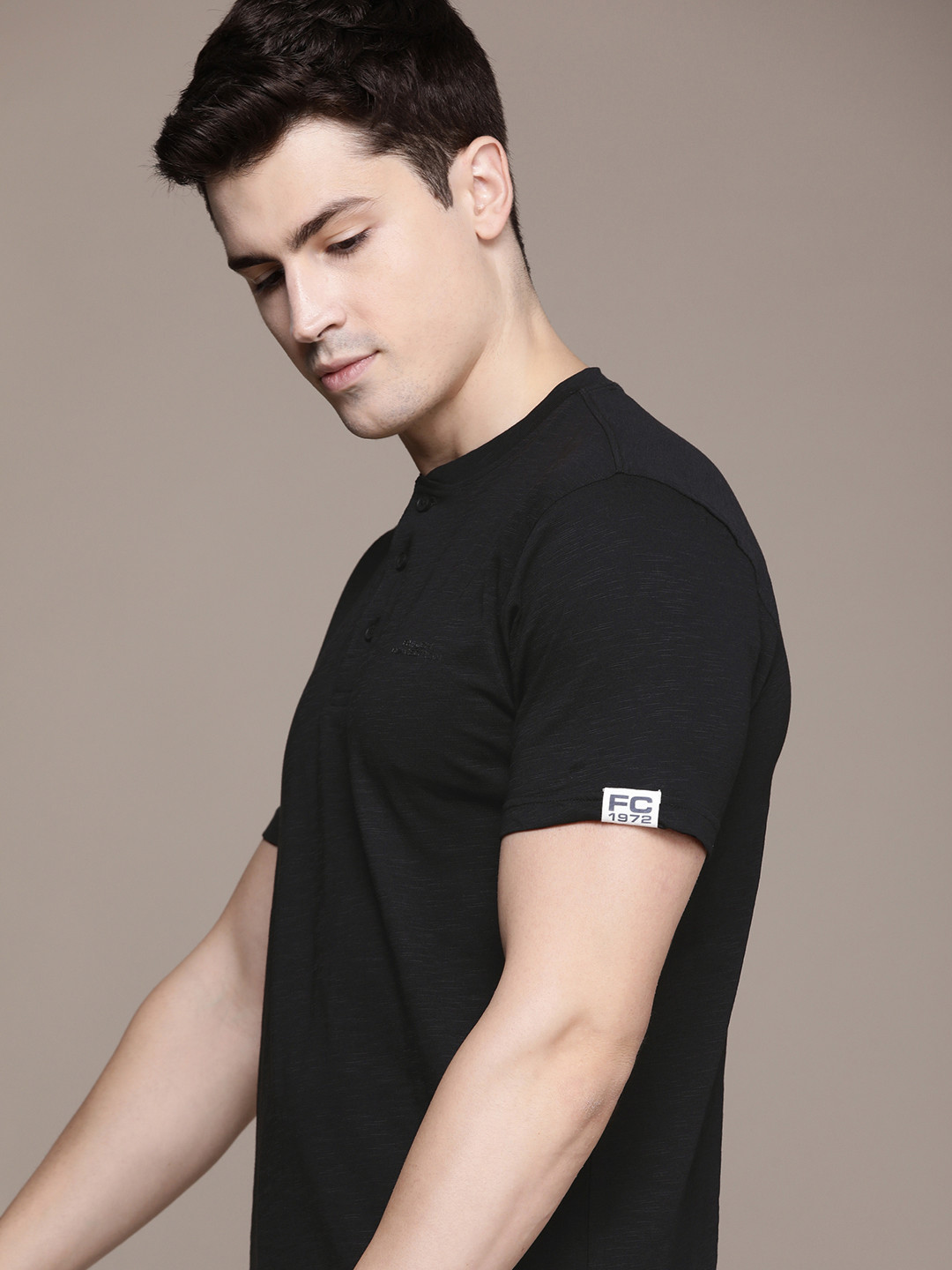 

French Connection Henley Neck Pure Cotton T-shirt, Black