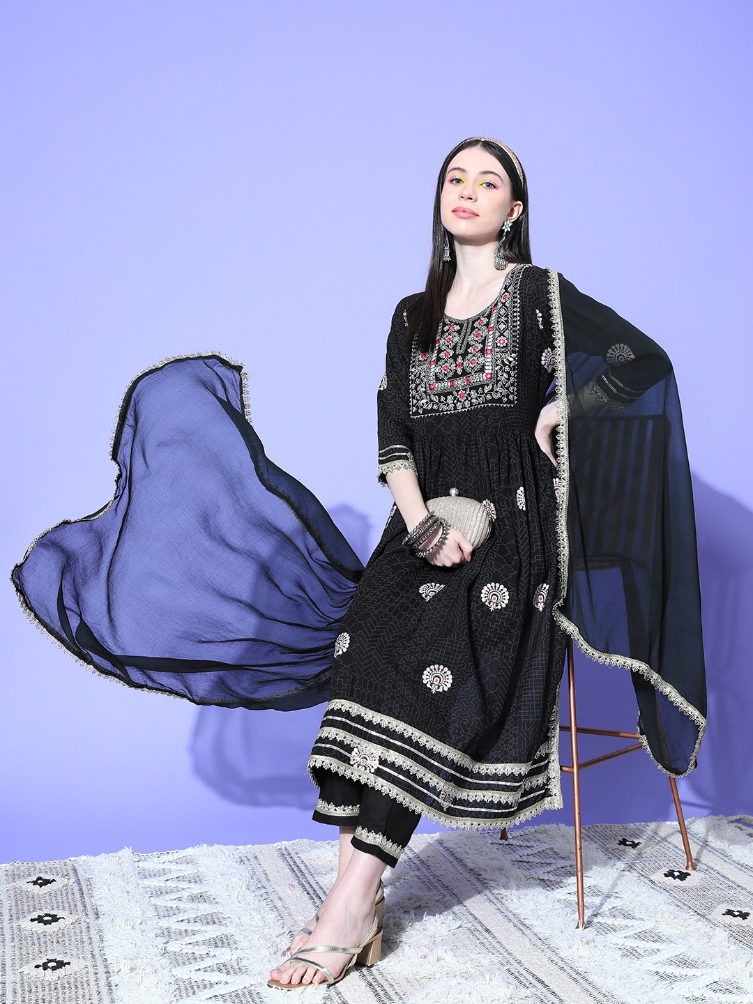 

InWeave Women Floral Yoke Design Regular Kurta with Trousers & With Dupatta, Black