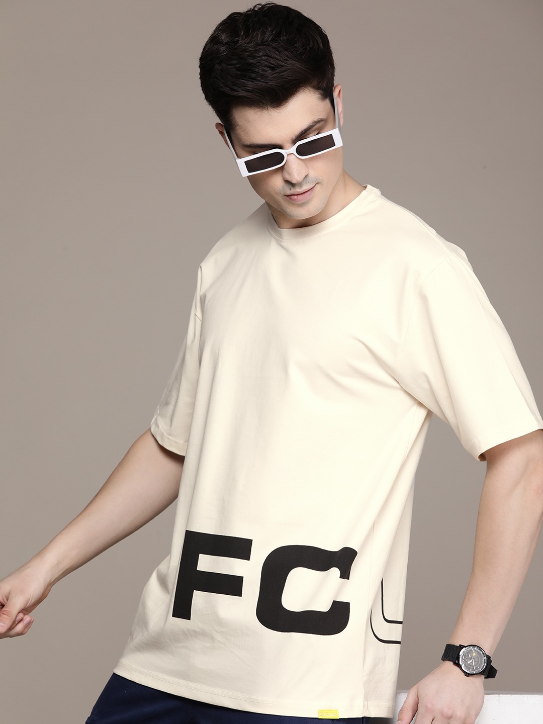 

FCUK Brand Logo Printed Drop-Shoulder Oversized Fit Sleeves T-shirt, Off white