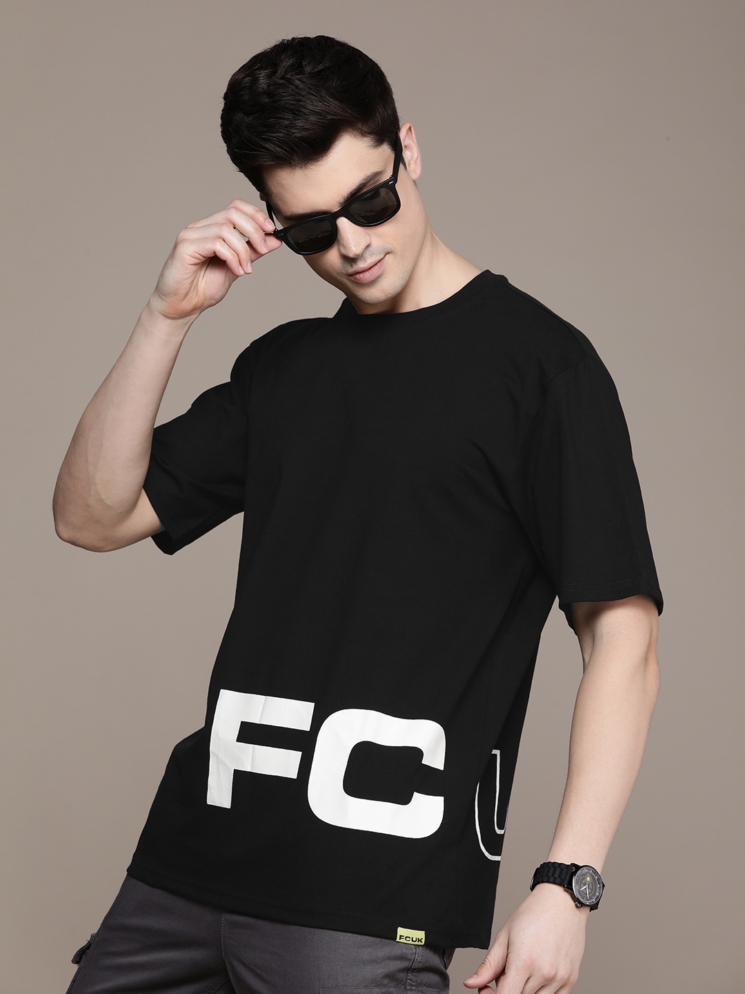 

FCUK Brand Logo Printed Oversized Fit Drop-Shoulder Sleeves T-shirt, Black