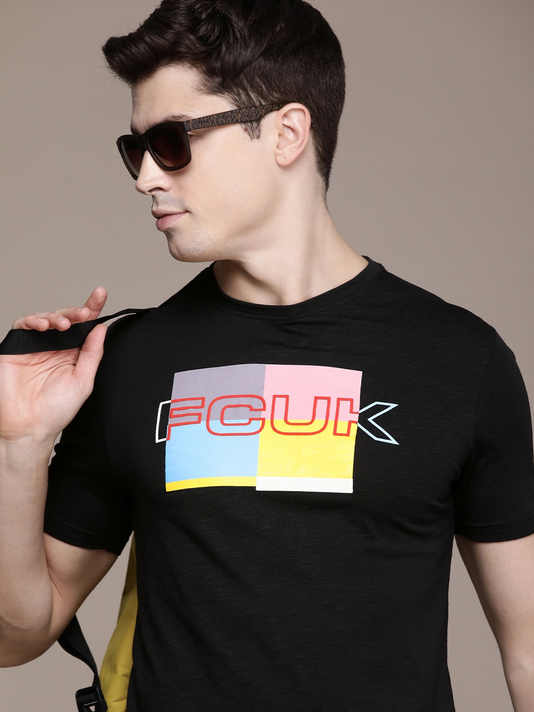 

FCUK Brand Logo Printed Pure Cotton T-shirt, Black