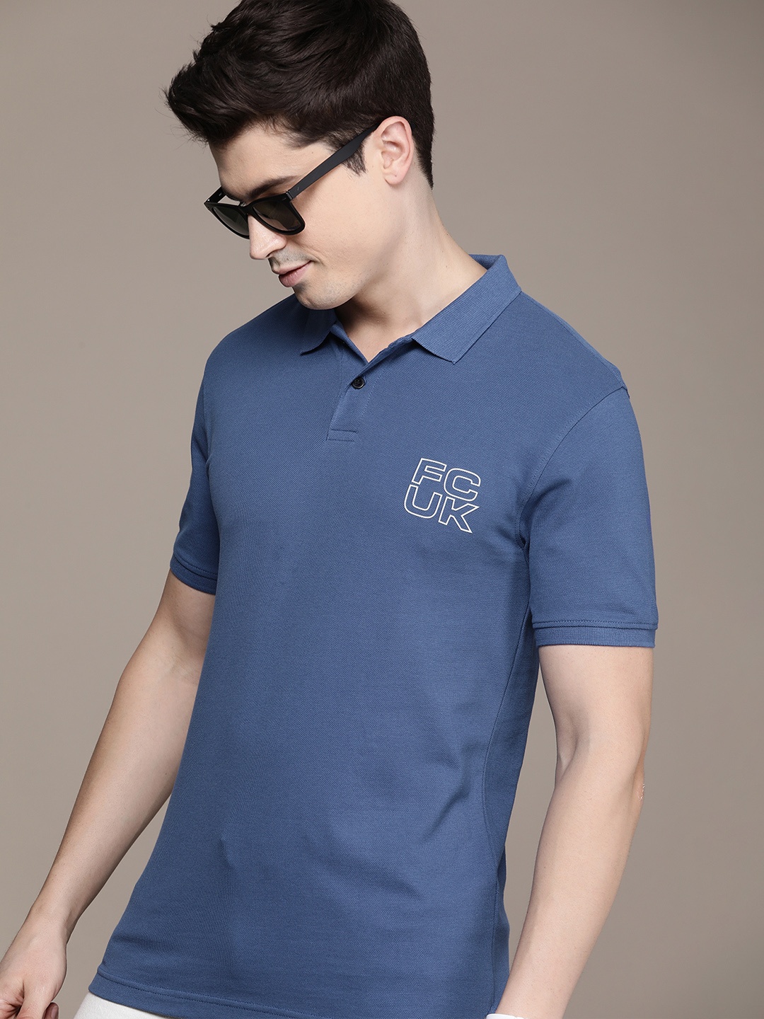 

FCUK Brand Logo Printed Polo Collar Pure Cotton T-shirt, Blue