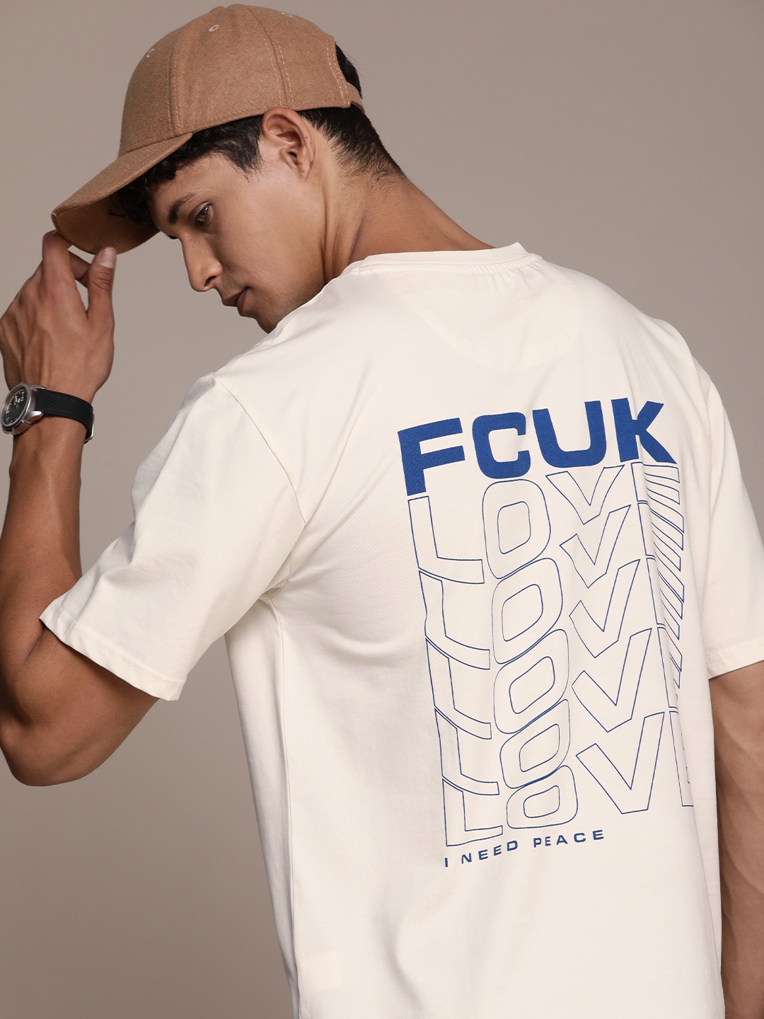 

FCUK Brand Logo Printed Oversized Fit Drop-Shoulder Sleeves T-shirt, Beige