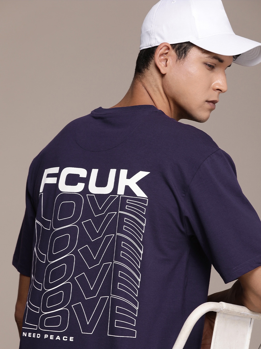 

FCUK Brand Logo Printed Oversized Fit Drop-Shoulder Sleeves T-shirt, Purple