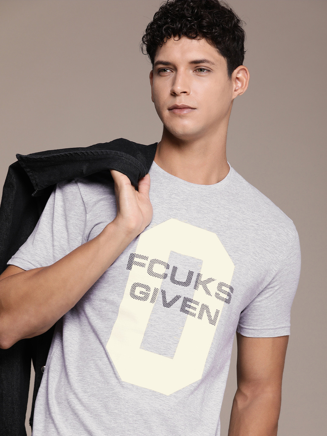 

FCUK Pure Cotton Brand Logo Printed Casual T-shirt, Grey melange