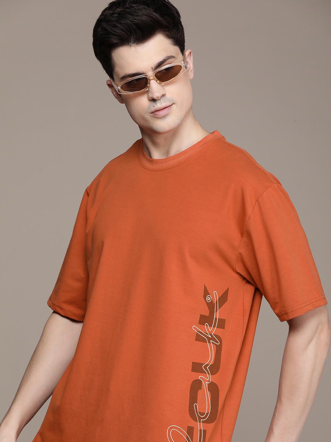 

FCUK Brand Logo Printed Oversized Fit Drop-Shoulder Sleeves T-shirt, Rust