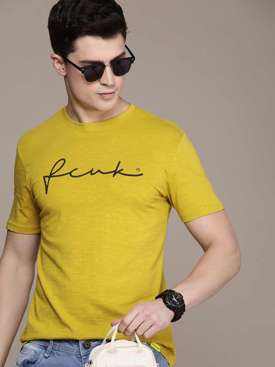 

FCUK Brand Logo Printed Pure Cotton T-shirt, Mustard