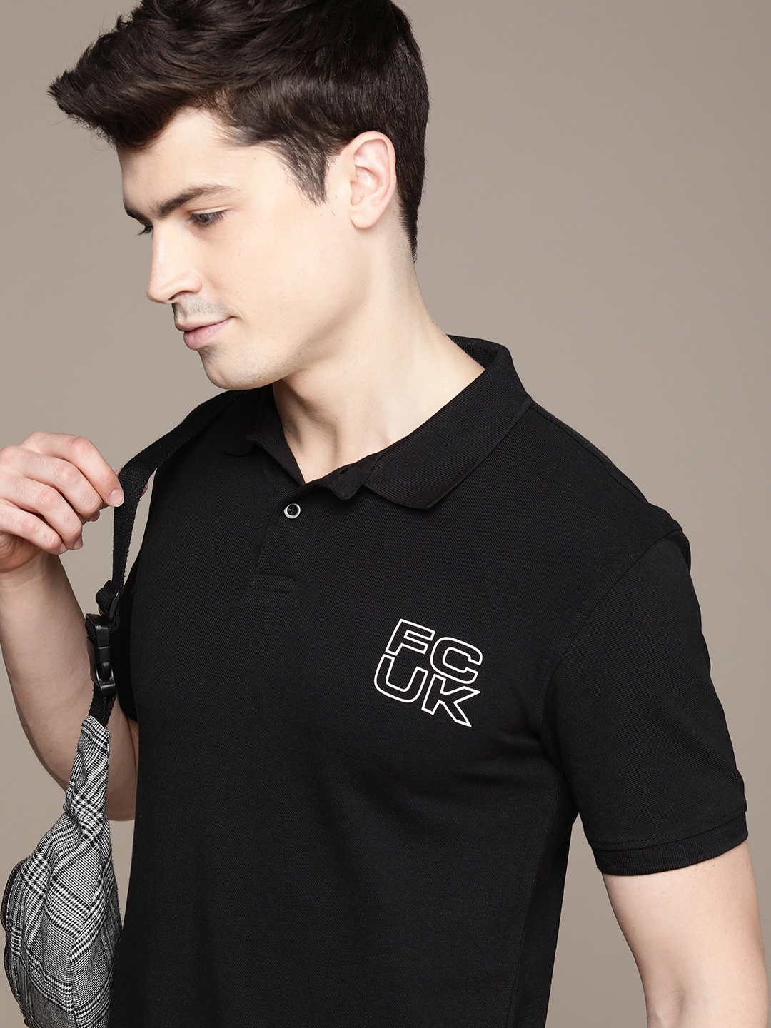 

FCUK Brand Logo Polo Collar Pure Cotton Applique T-shirt, Black