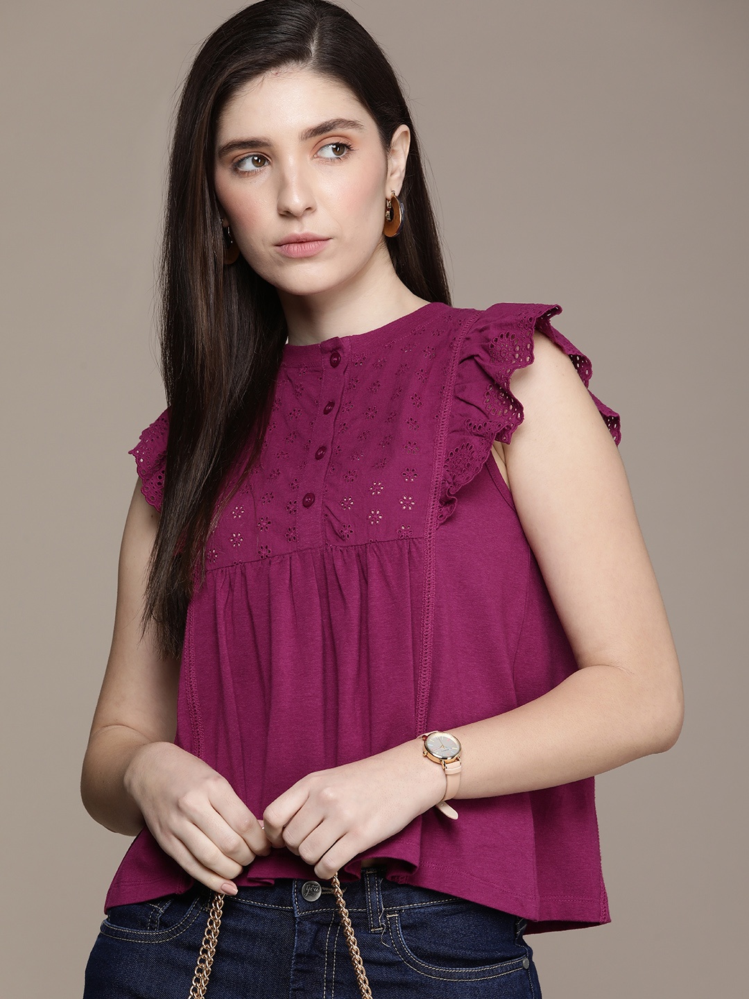 

French Connection Self-Design Schiffli Detail A-Line Top, Magenta