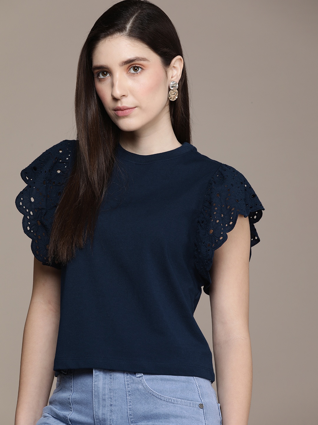 

French Connection Round Neck Cotton Top, Navy blue