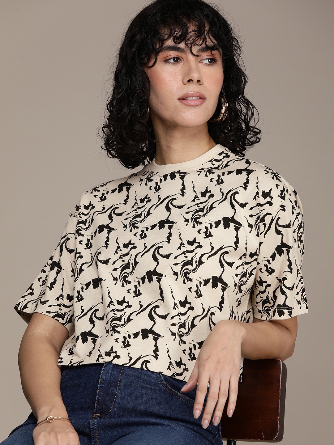 

French Connection Pure Cotton Abstract Printed Crop Casual T-shirt, Beige