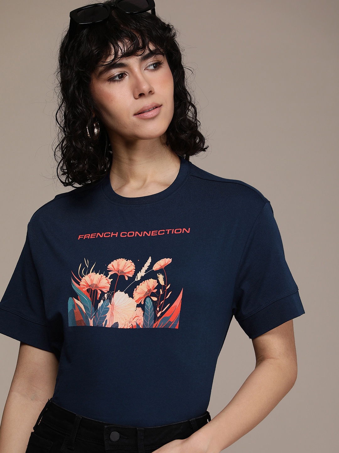 

French Connection Graphic Printed Pure Cotton T-shirt, Navy blue