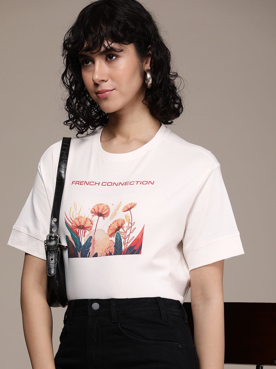 

French Connection Graphic Printed Pure Cotton T-shirt, Off white