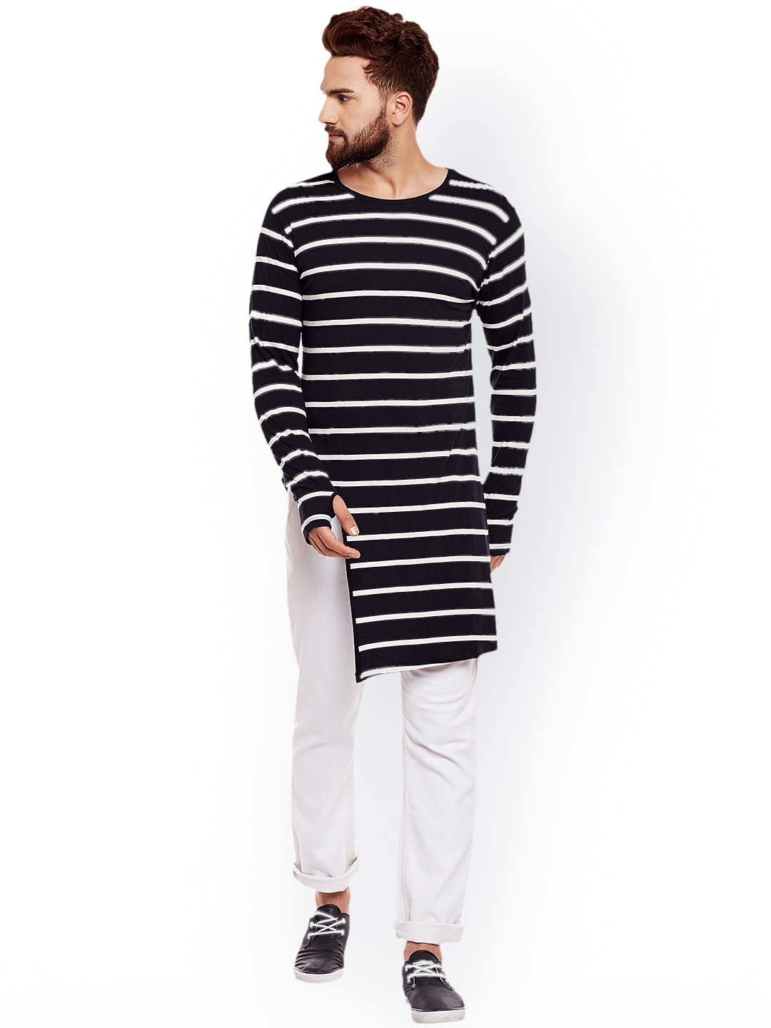 

CHILL WINSTON Men Black Striped Round Neck Longline T-shirt
