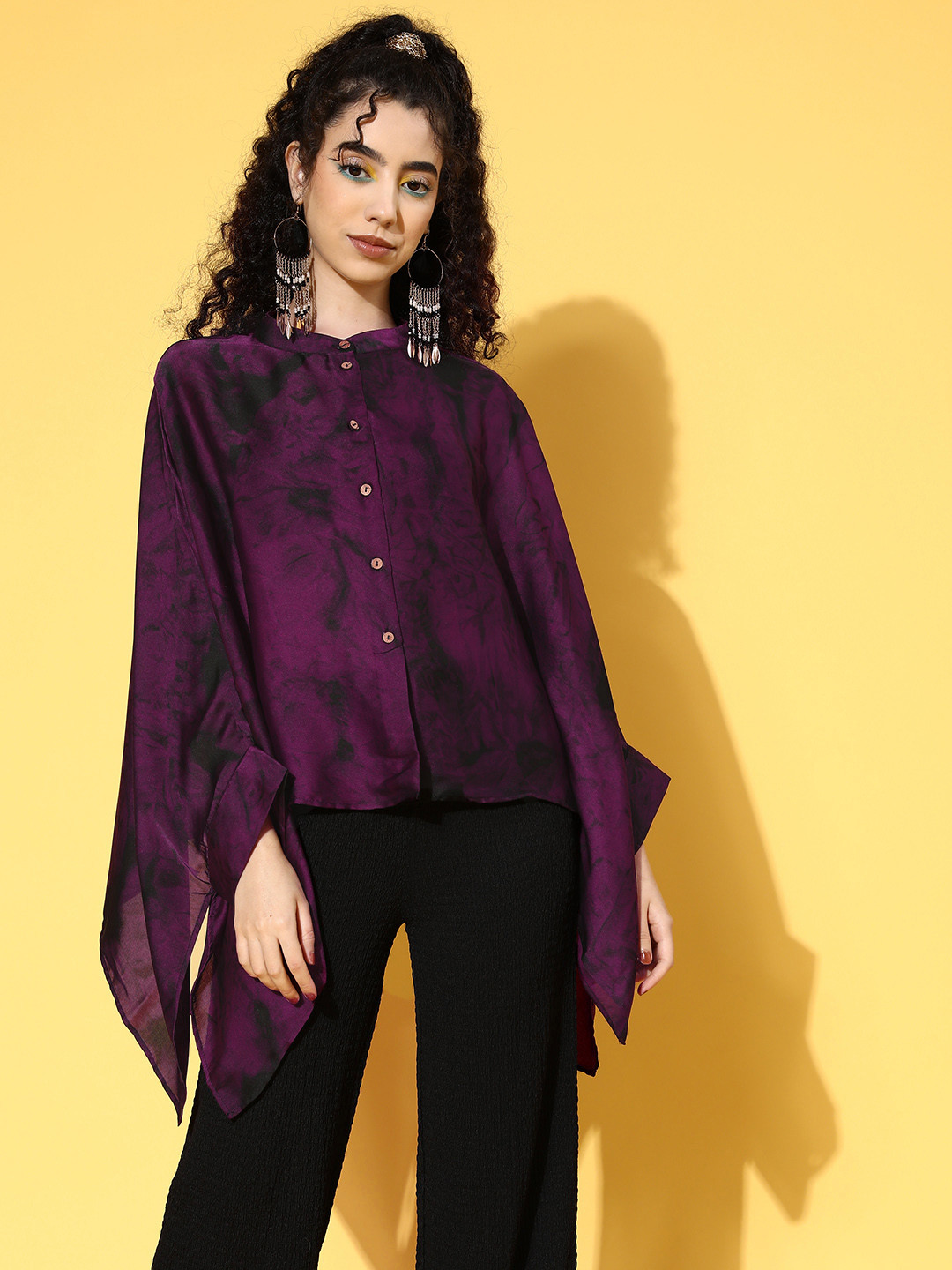 

InWeave Tie & Dye Mandarin Collar Flared Sleeve Top, Purple