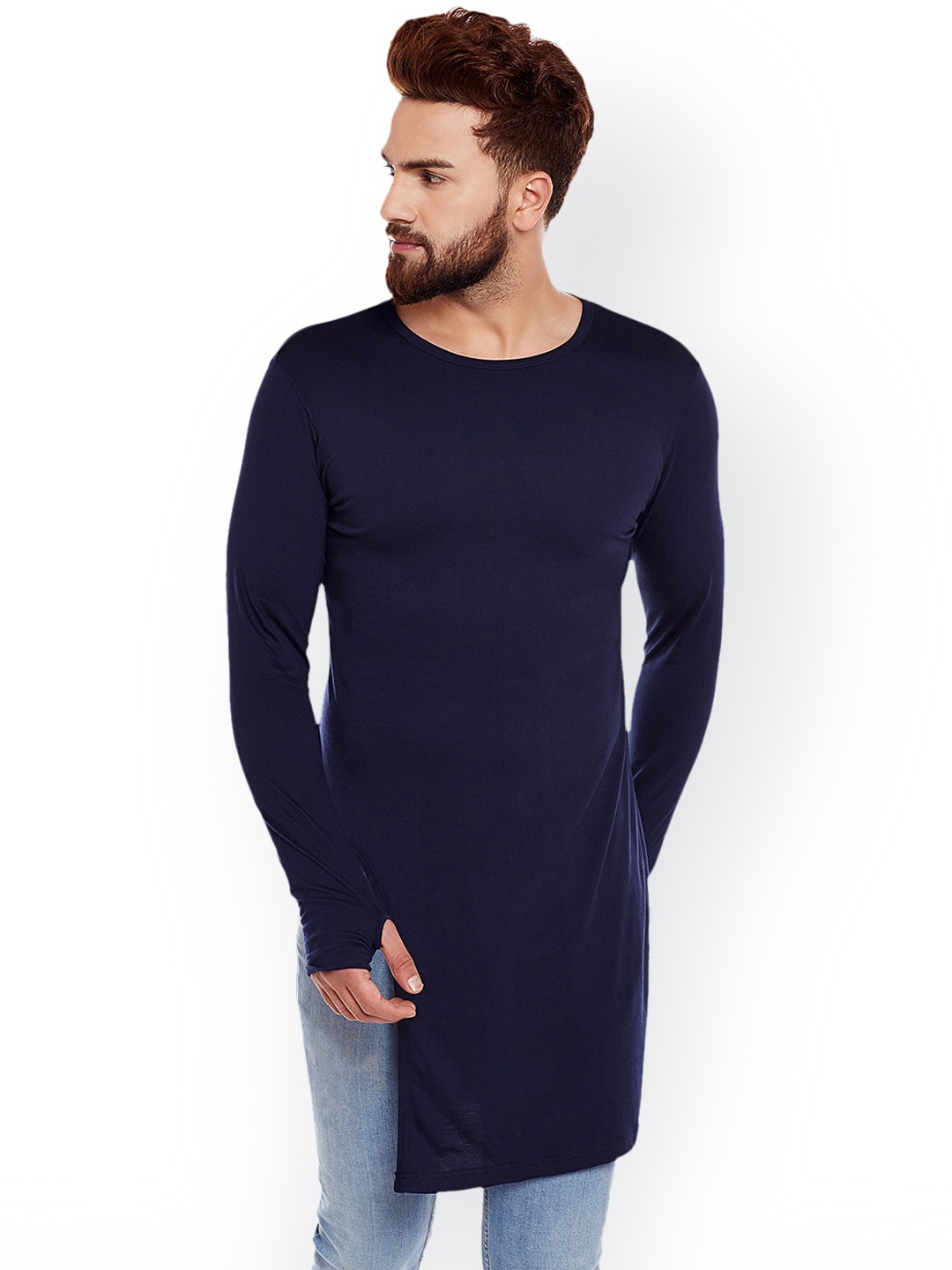 

CHILL WINSTON Men Navy Blue Solid Round Neck Longline T-shirt