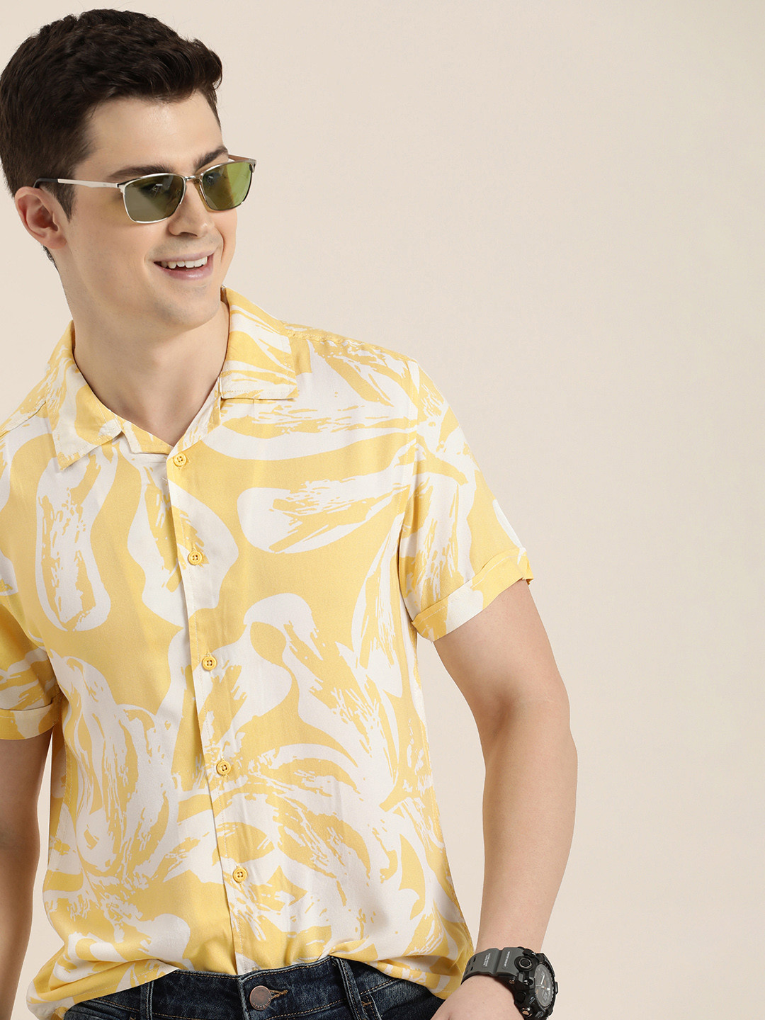 

HERE&NOW Men Slim Fit Opaque Printed Casual Shirt, Yellow