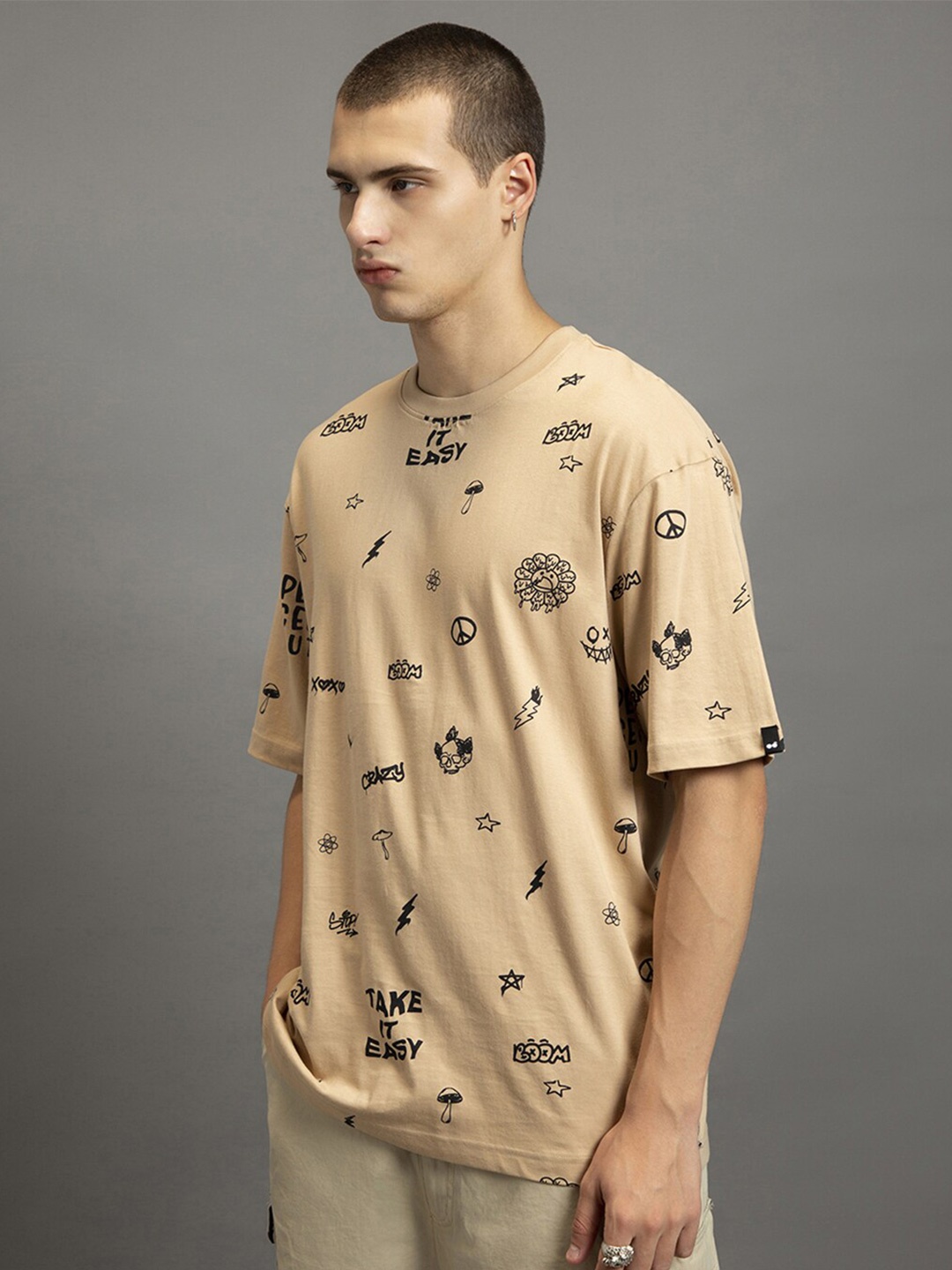 

Bewakoof All Over Printed Pure Cotton Oversized T-shirt, Brown