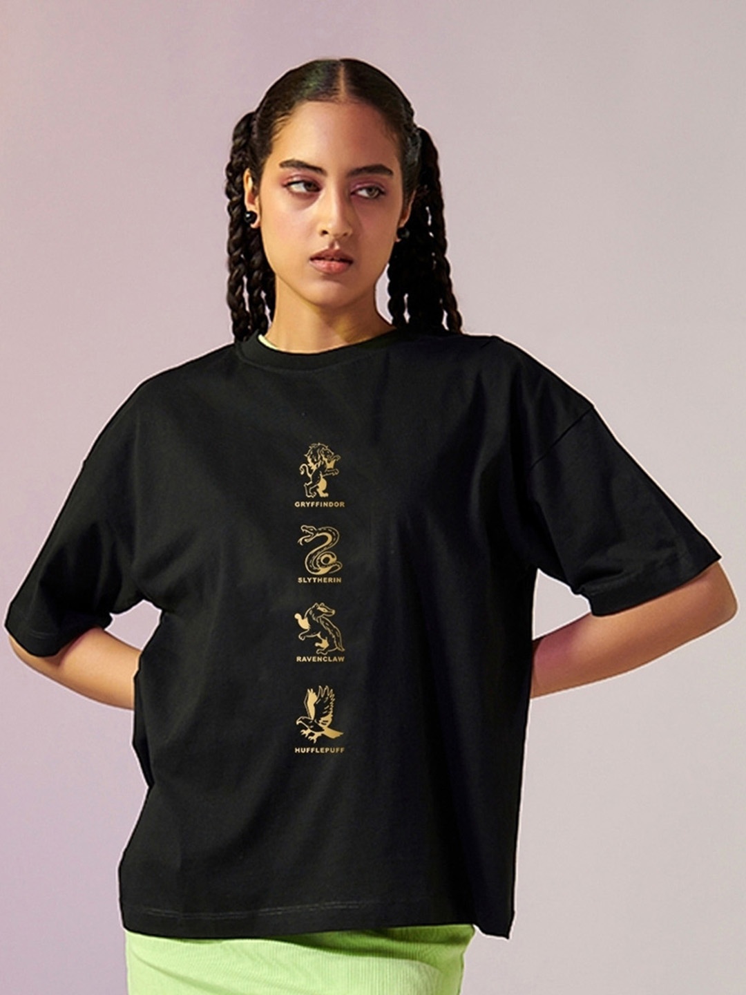 Bewakoof Harry Potter Printed Oversized Pure Cotton T-shirt, Black