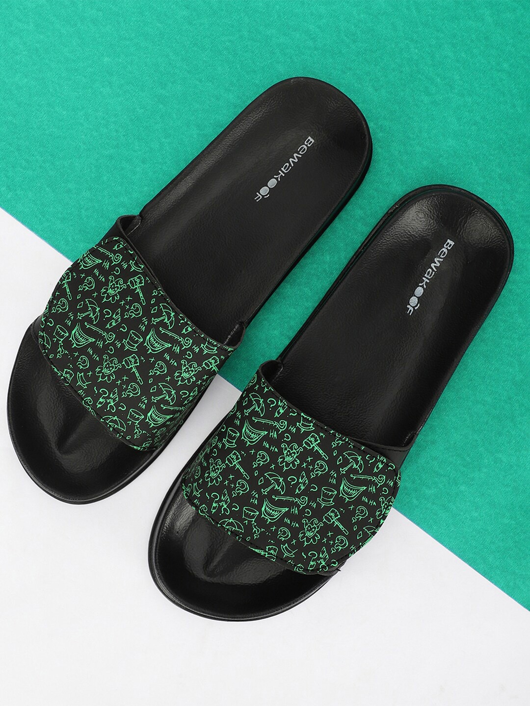 

Bewakoof Men Black & Green Joker Printed Sliders