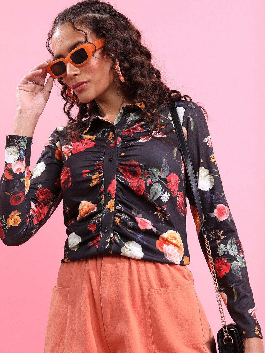 

Tokyo Talkies Floral Printed Shirt Style Top, Black