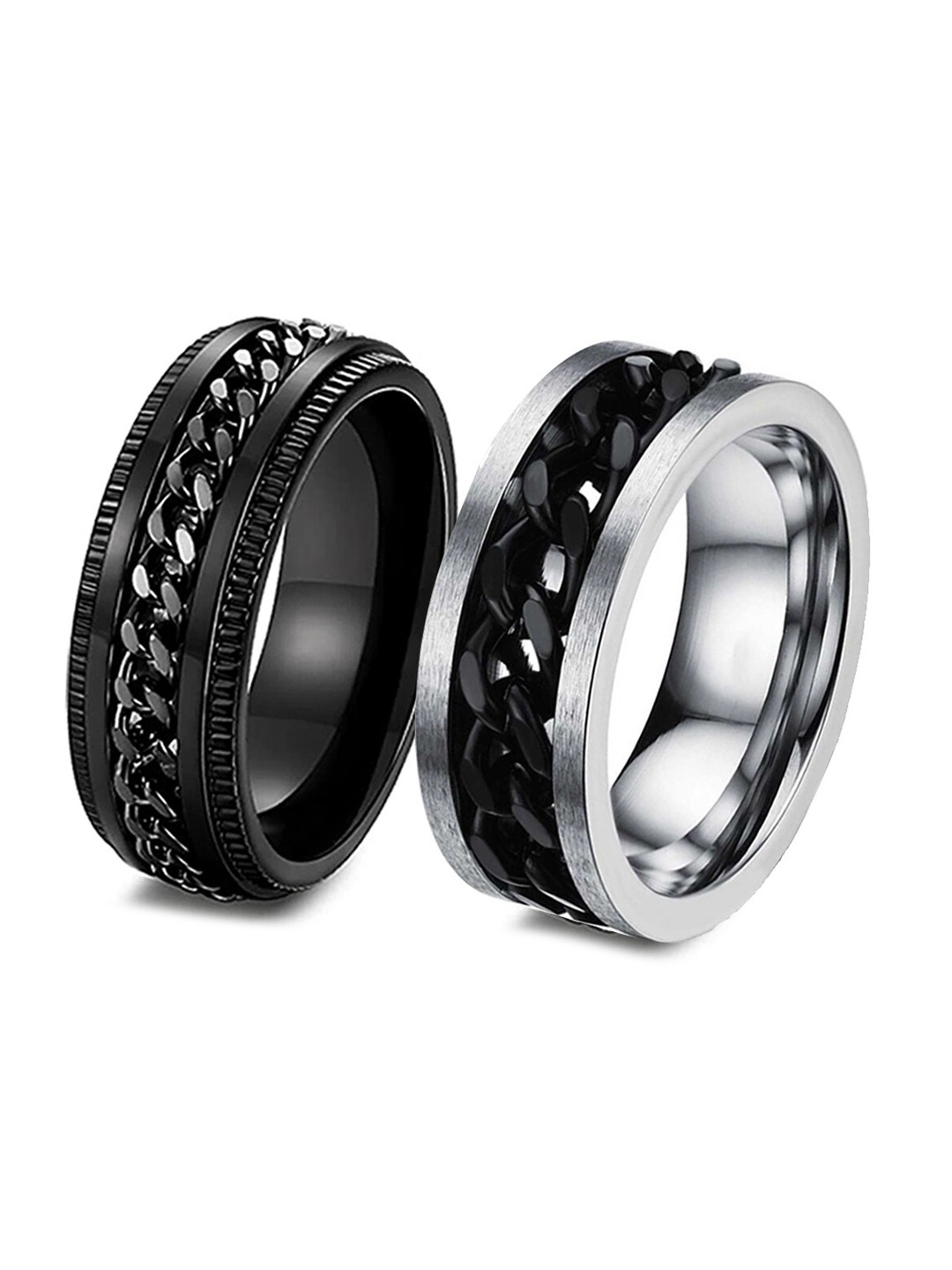 

MEENAZ Men Set Of 2 Silver-plated Textured Details Finger Rings, Black