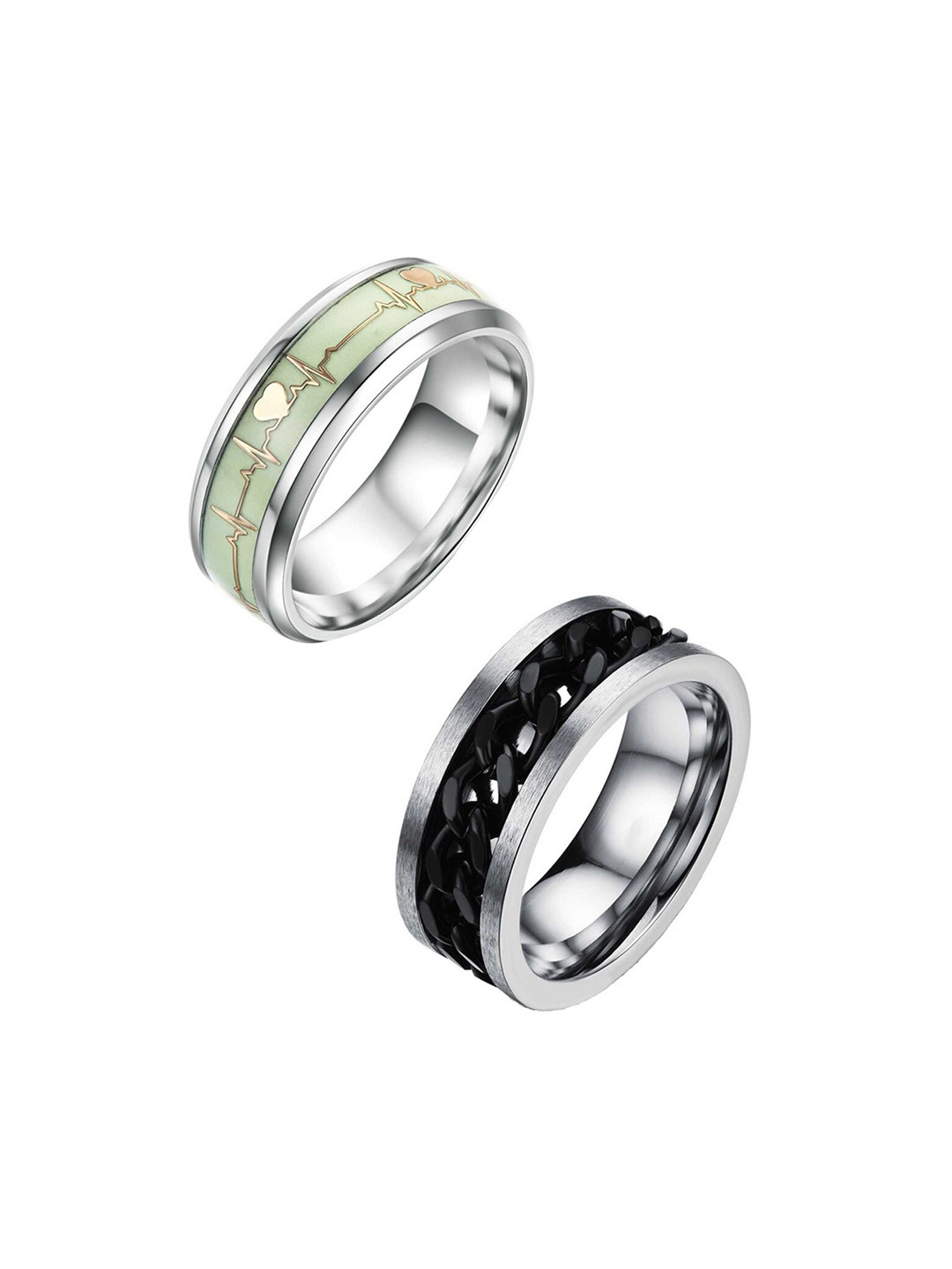 

MEENAZ Men Set Of 2 Silver-plated Textured Details & Heart Shaped Details Finger Rings, Gold