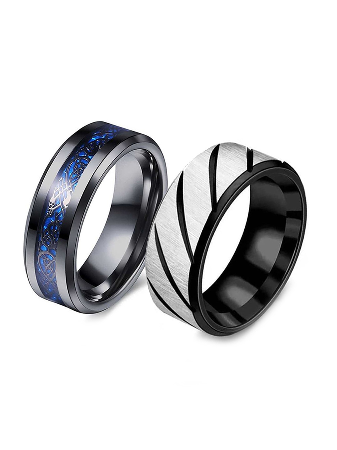 

MEENAZ Unisex Set Of 2 Silver-Plated Textured Finger Rings, Black