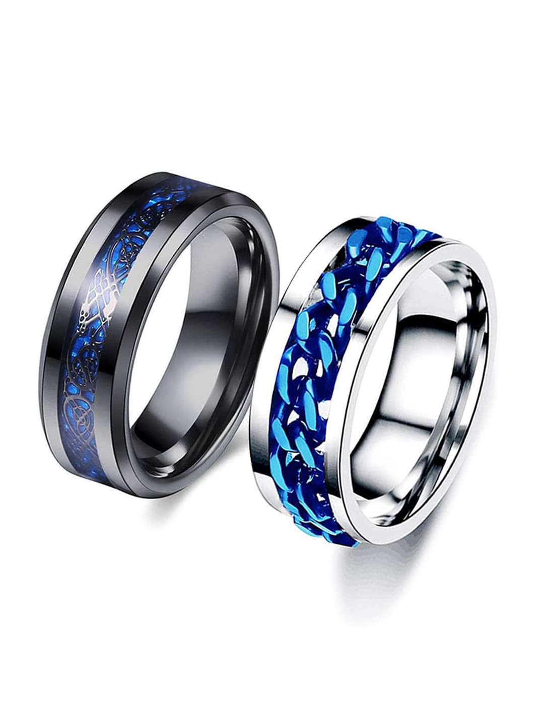 

MEENAZ Unisexd Set Of 2 Silver-plated Textured Details Finger Rings, Black