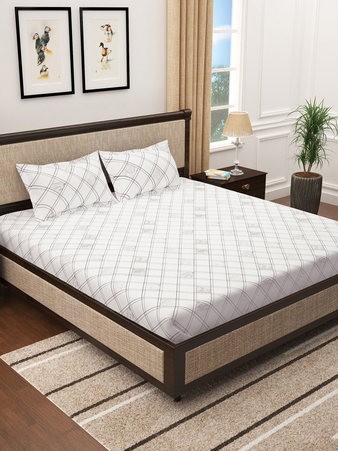 

Story@home White & Grey Printed Cotton 300 TC King Bedsheet with 2 Pillow Covers