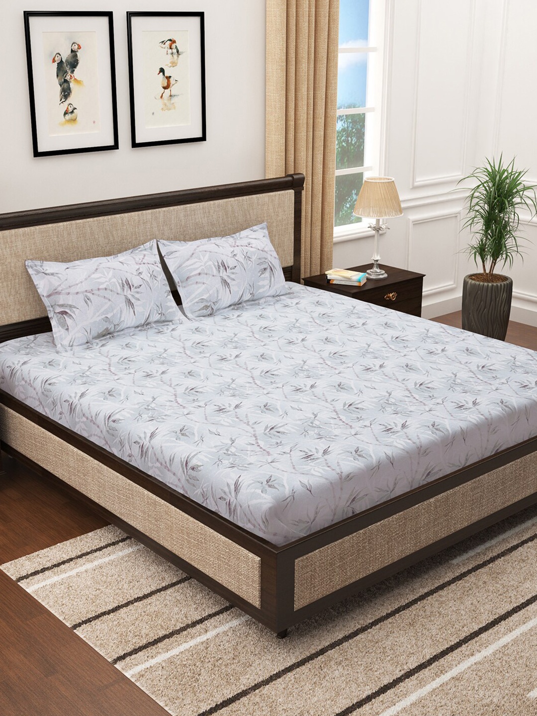Story@home Grey & White Floral Cotton 300 TC King Bedsheet With 2 Pillow Covers