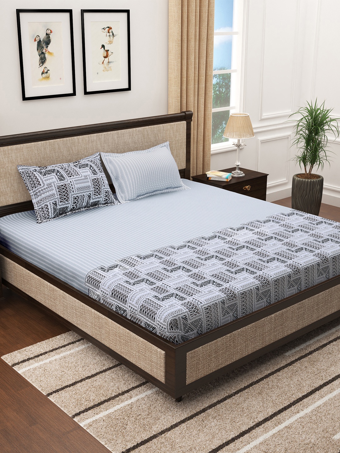 

Story@home Grey & White Geometric Cotton 300 TC King Bedsheet with 2 Pillow Covers