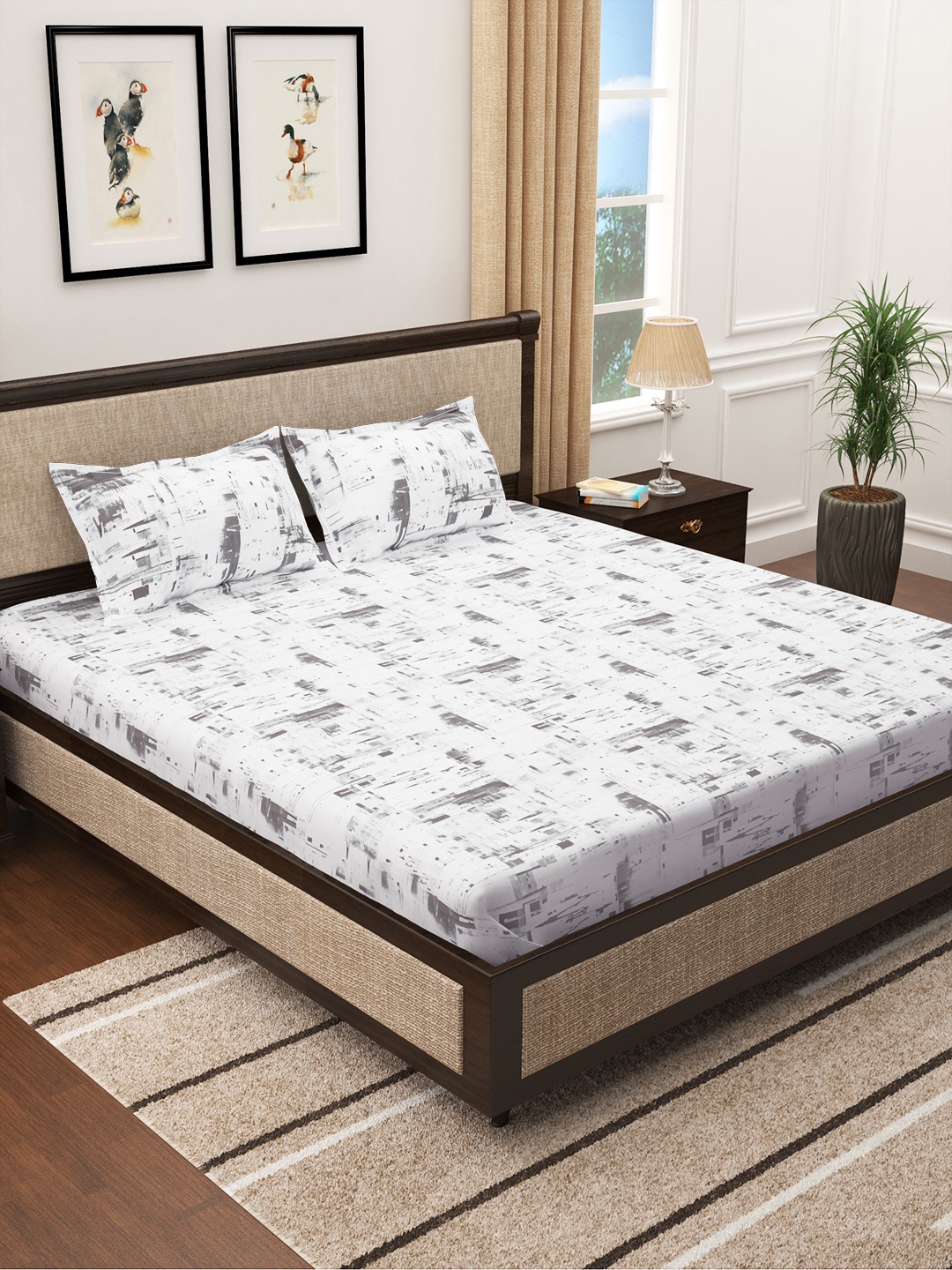 

Story@home White & Grey Cotton 300 TC King Bedsheet with 2 Pillow Covers