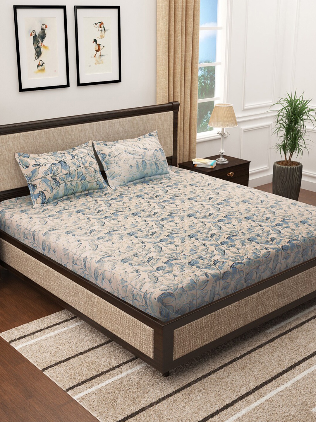 

Story@home Beige & White Floral Cotton 300 TC King Bedsheet With 2 Pillow Covers