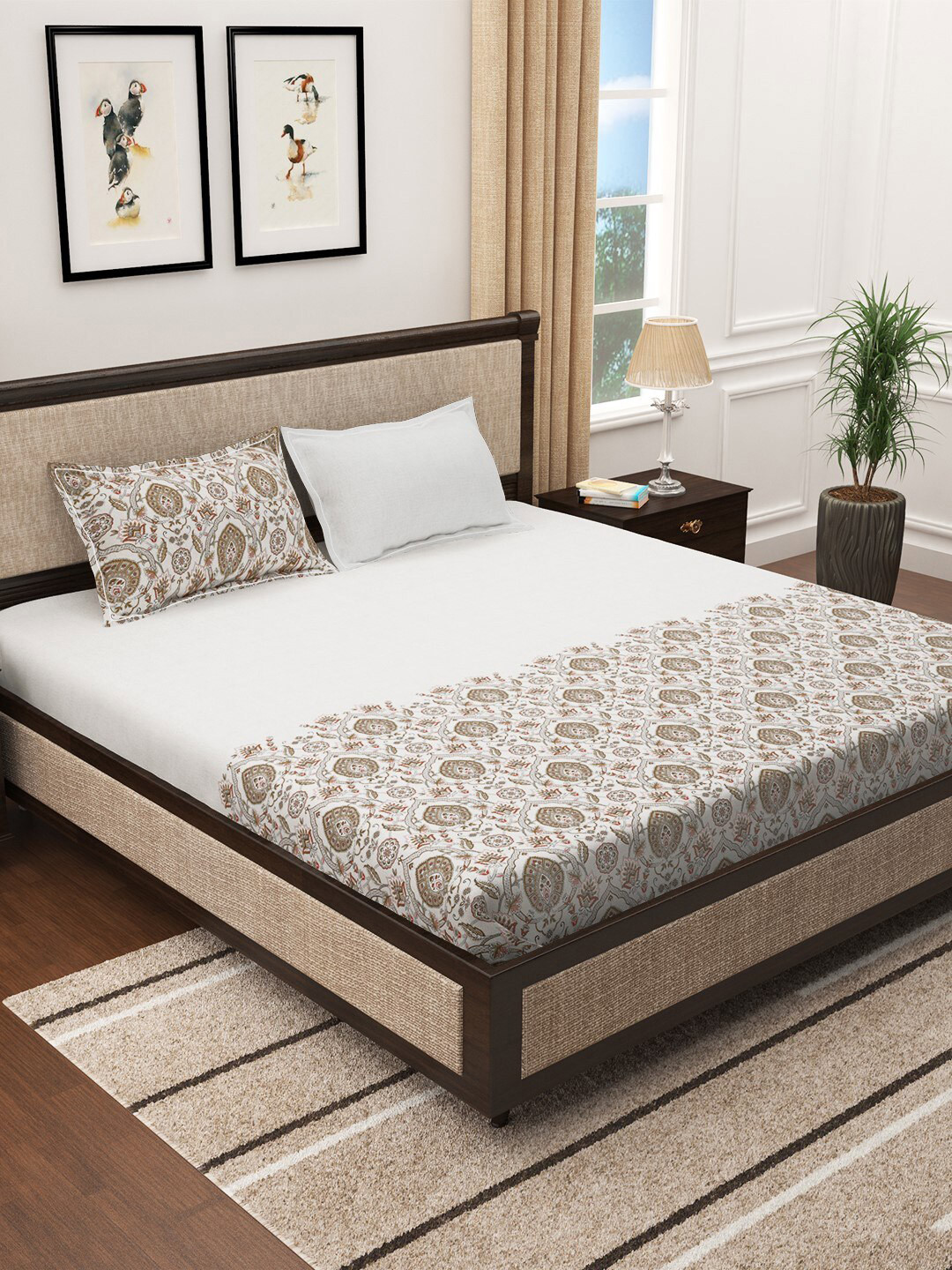 

Story@home White & Brown Printed Cotton 300 TC King Bedsheet with 2 Pillow Covers