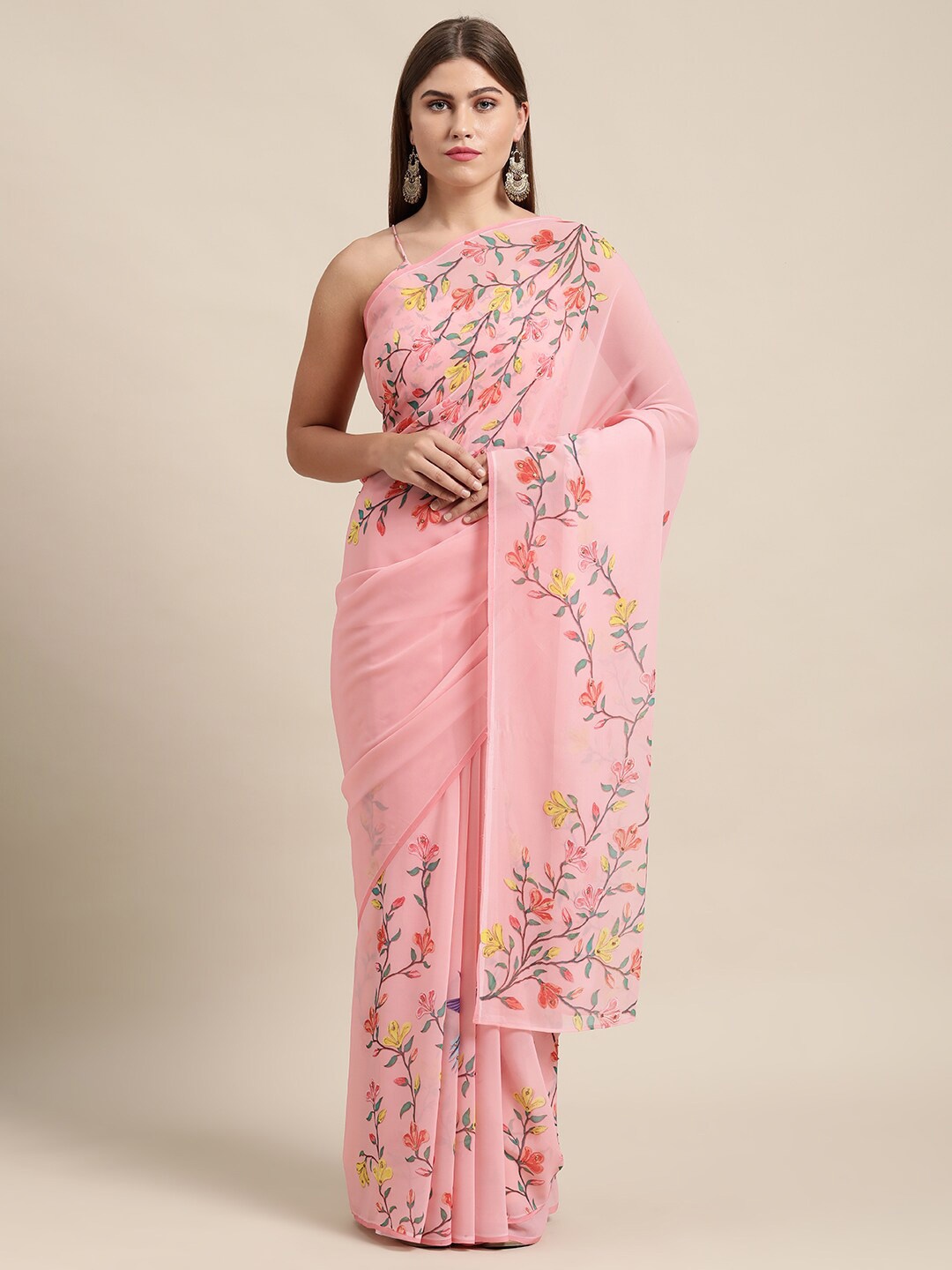 

KALINI Floral Printed Sequinned Pure Georgette Saree, Pink