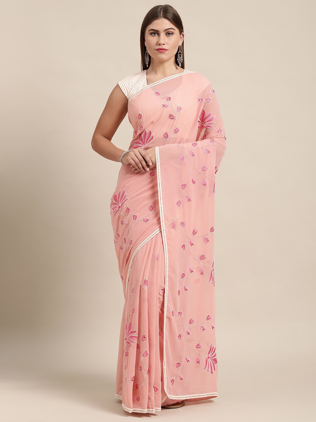 

KALINI Floral Embroidered Pure Georgette Saree, Pink