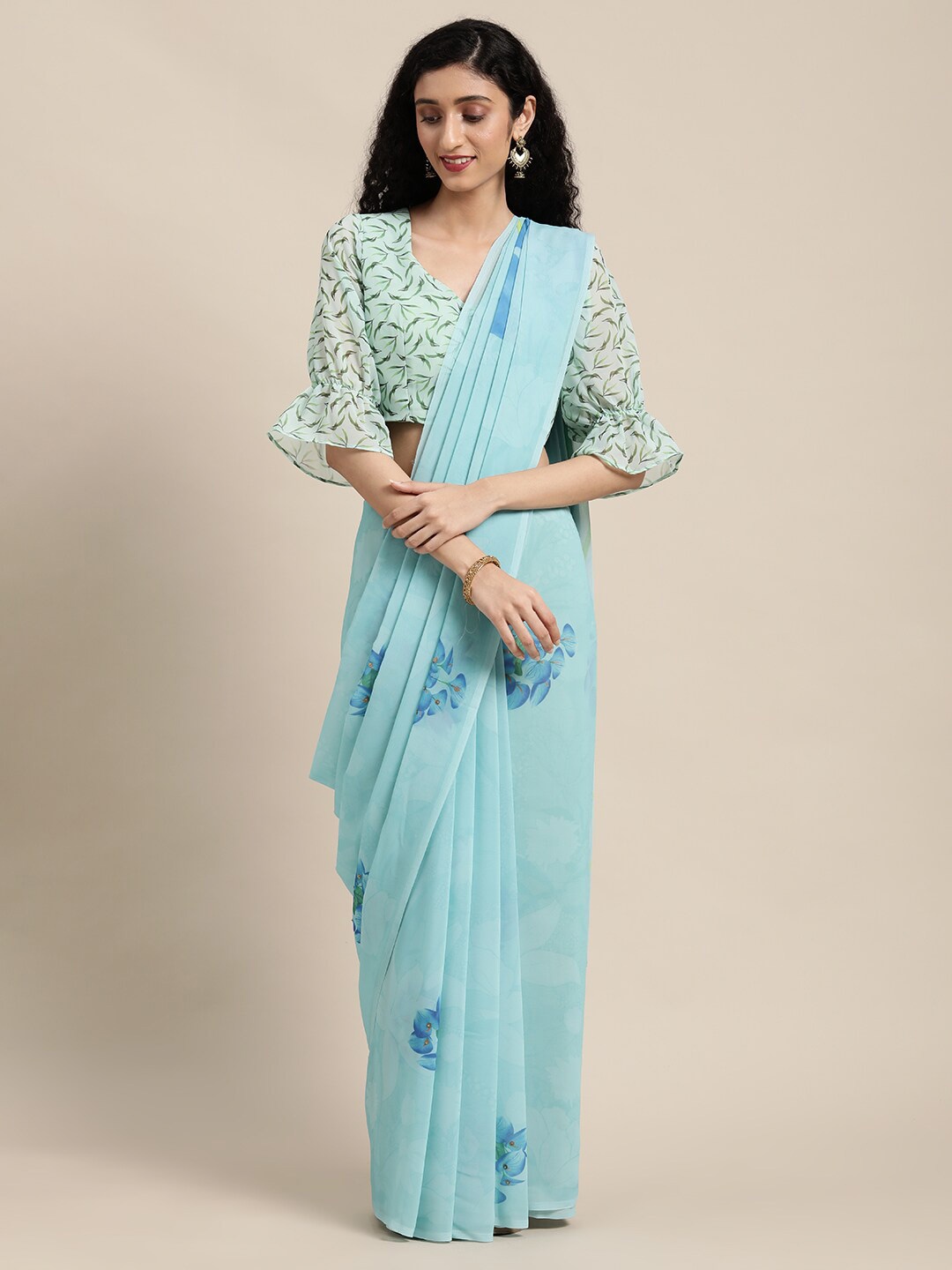 

KALINI Floral Printed Sequinned Pure Georgette Saree, Sea green