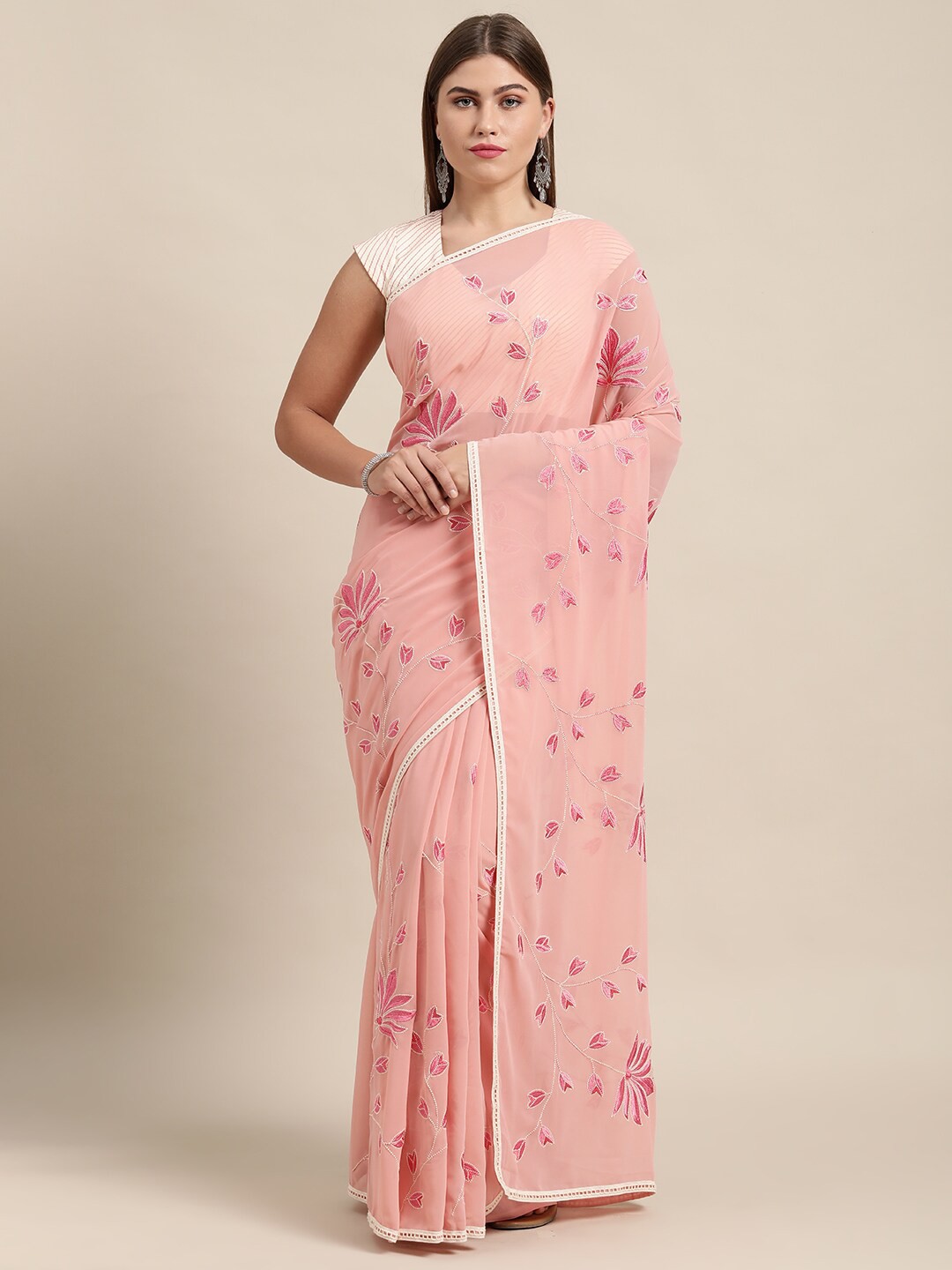 

Shaily Floral Embroidered Pure Georgette Saree, Pink