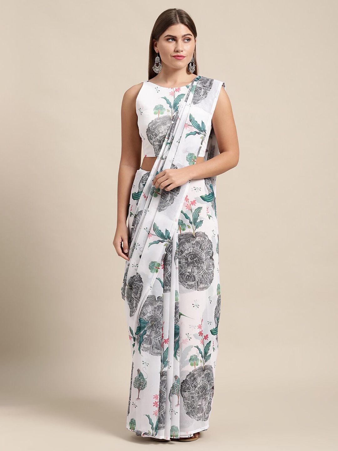 

Shaily Floral Printed Pure Georgette Saree, White