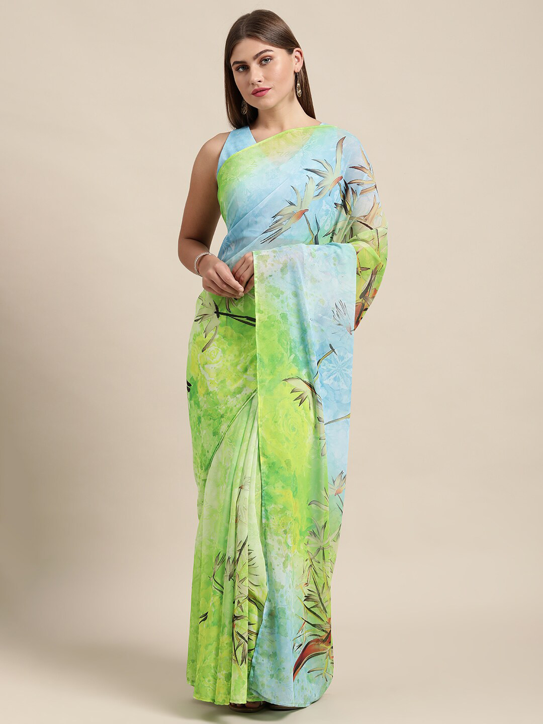 

Shaily Floral Printed Pure Georgette Saree, Green