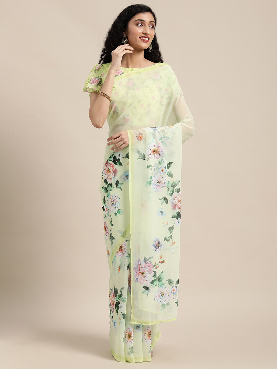 

Shaily Floral Printed Sequinned Pure Georgette Saree, Green