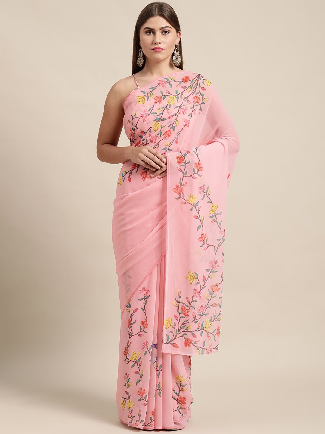 

Shaily Floral Printed Sequinned Pure Georgette Saree, Pink