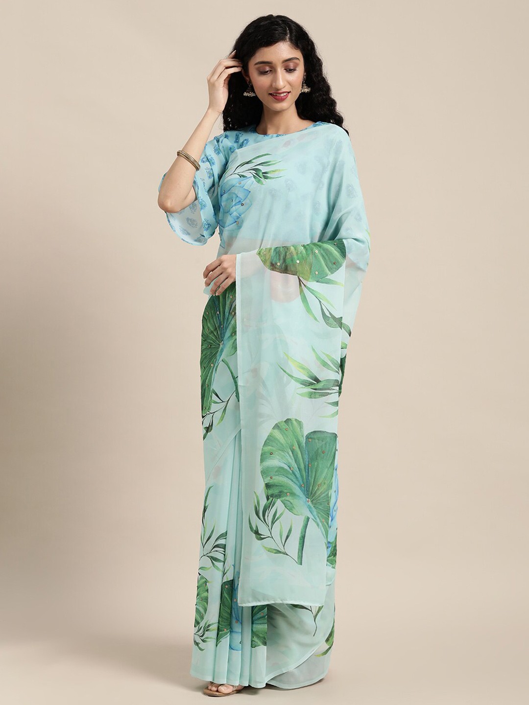 

Shaily Floral Printed Sequinned Pure Georgette Saree, Sea green