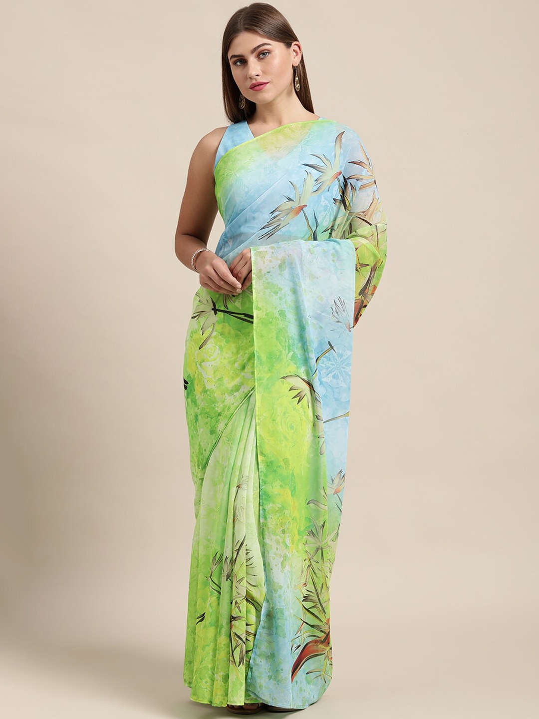 

HRITIKA Floral Printed Pure Georgette Saree, Green